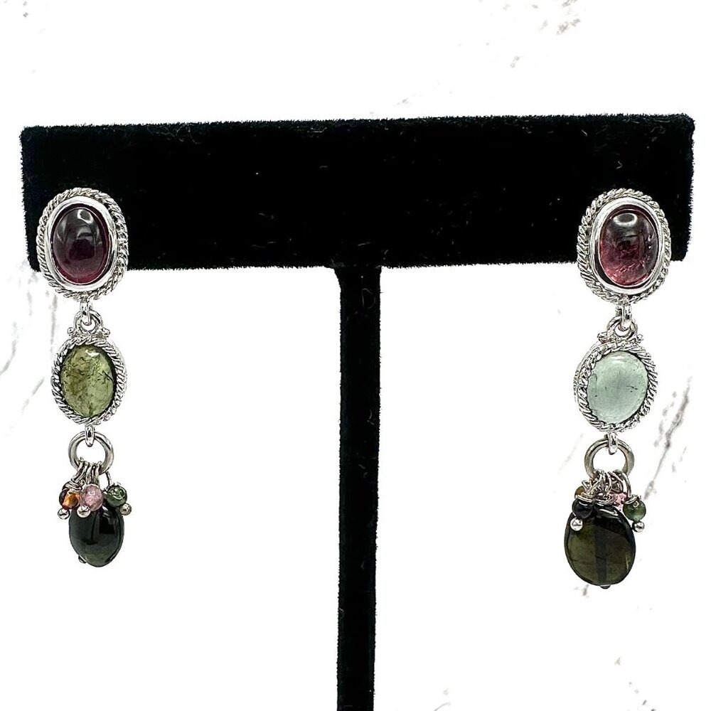 Multicolor Natural Tourmaline Sterling Silver Filigree Accented Drop Earrings